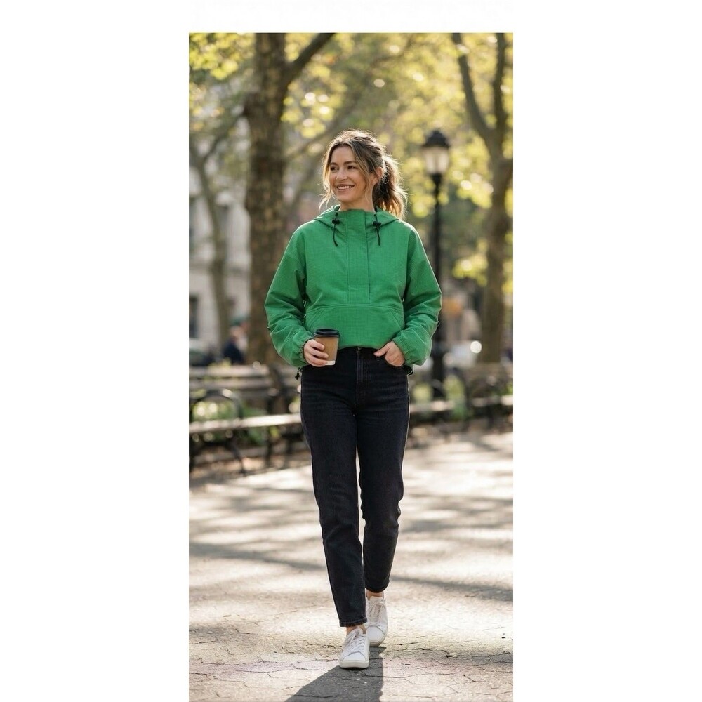 Athleta Boundless Crop Popover   SZ L  Hooded Half Zip Jacket  GREEN